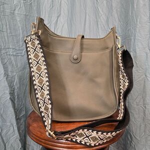 Olive Green Shoulder Bag with Patterned Strap